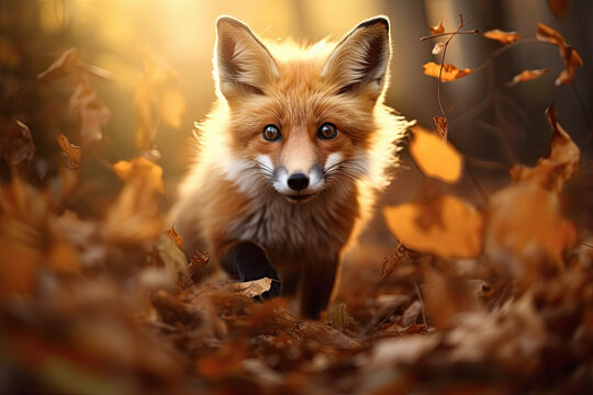 joven y lindo cachorrito de  zorro corriendo sobre las hojas en un bosque oto&ntilde;al al atardecer