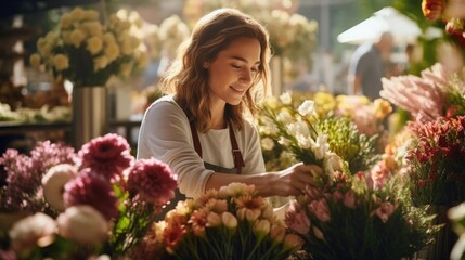 Portrait of a woman florist at a bustling flower market selecting the freshest blooms