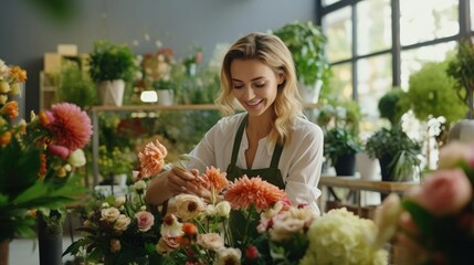 Portrait of a woman florist in a charming floral boutiquecrafting exquisite arrangements