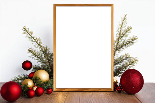 Christmas frame on wooden floor with toys