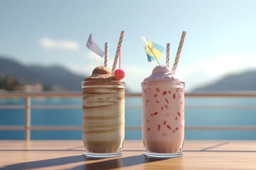 two colored milkshakes stand on a table near the sea. cocktails on luxury tropical beach.Blurred beach with blue ocean and sunny blue sky, scenic shot, copy space, no people. Generative AI