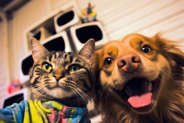 funny cat and his friend dog making selfie together, ai tools generated image