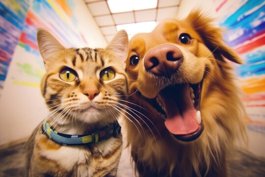 funny cat and his friend dog making selfie together, ai tools generated image