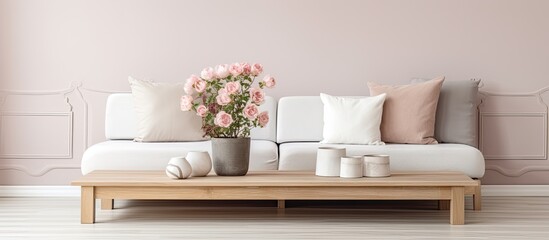 Scandinavian designed living room with flowers on wooden coffee table With copyspace for text