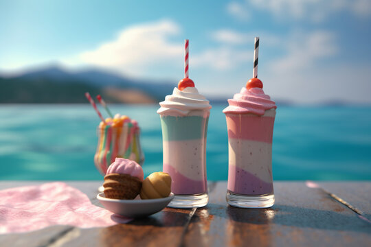 two colored milkshakes stand on a table near the sea. cocktails on luxury tropical beach.Blurred beach with blue ocean and sunny blue sky, scenic shot, copy space, no people. Generative AI