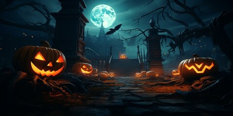 Fototapeta premium halloween night sceen scary haunted house pumkins jack-o-lanterns background cinematic
