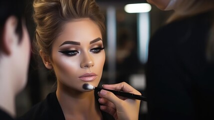 Portrait of a woman makeup artist in a glamorous makeup studio skillfully enhancing natural beauty
