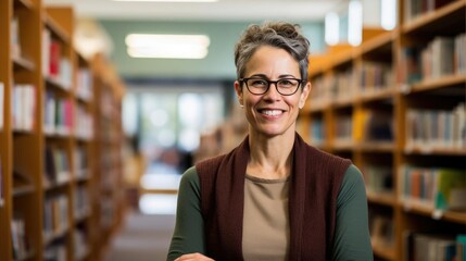 Portrait of a woman librarian at a community library organizing shelves with care