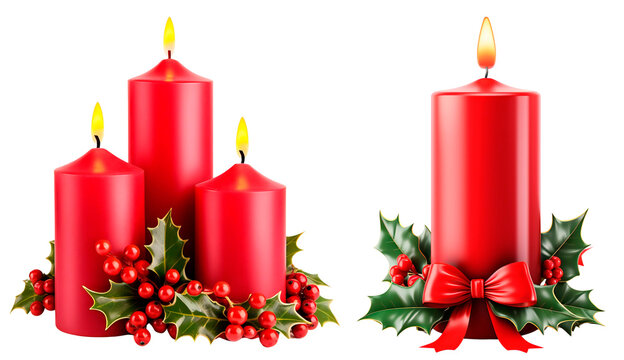 Set of burning Christmas red candles with holly leaves and berries. Red candle with bow and holly leaves. Burning candles decorated with red berries. Isolated on a transparent background.