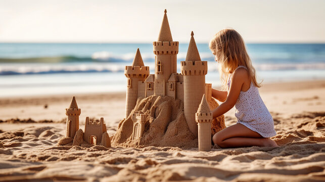 Young child building a sandcastle on a sunny beach, summer and vacation theme