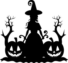 Halloween little witch with big pumpkin and bats icon. Girl kid in Halloween costume. Vector illustration