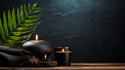 Tranquil spa scene featuring lit candles, polished stones, and tropical leaves against a dark backdrop - obrazy, fototapety, plakaty