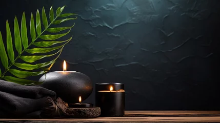 Foto op Canvas Tranquil spa scene featuring lit candles, polished stones, and tropical leaves against a dark backdrop © Artyom