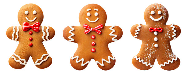 Set of gingerbread Christmas men. Christmas cookies in the shape of a person. Isolated on a transparent background.