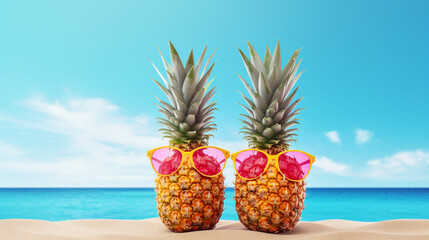 Twin pineapples with vibrant textures standing tall on a sandy beach against a backdrop of serene blue ocean waters
