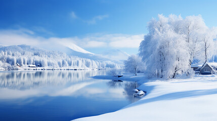 A breathtaking winter landscape showcasing frozen trees reflected on a tranquil river, epitomizing serene beauty