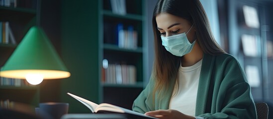 Stylish female student with mask studying at university during pandemic With copyspace for text