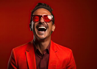 Fototapeta premium Happy laughing mexican man in red suit and sunglasses on isolated red background