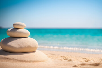Obraz na płótnie Canvas Stones stacked on a sandy beach and calm sea in the background