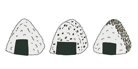 Hand drawn onigiri clipart set. Japanese fast food made of rice. Rice ball in nori seaweed