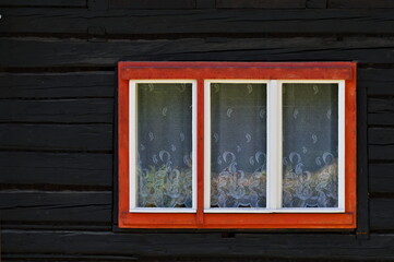 Interior behind the window. Detail on window with flower in residential area.	