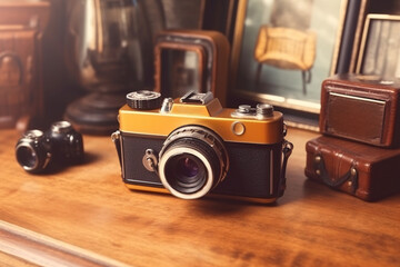 Vintage photo camera and other old things on a wooden shelf. Retro camera on a wooden table. Close-up. Selective focus.