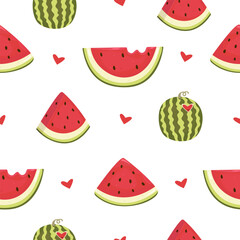 Juicy and ripe watermelon seamless pattern, color vector illustration in red and green shades