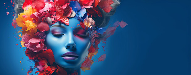 Abstract surreal portrait of model with tropical flowers on dark blue texture. Banner.