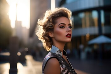 A woman with a red lipstick is standing in the street. Generative AI.