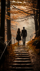 Fototapeta premium Mountain wedding - fall - autumn - cobblestone path - peak leaves 