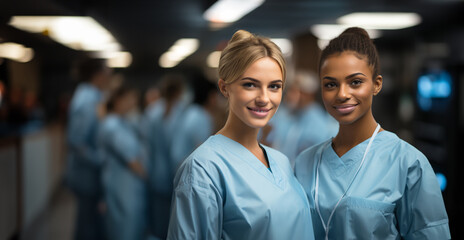 Two young women, medical students from the diverse ethnicity, standing in a hospital’s corridor against a group of people in scrubs.