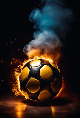 colorful smoke, thunder, soccer ball with golden crown above, cinematic, vibrant.