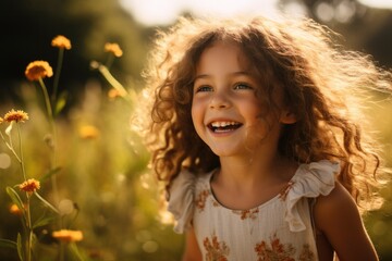 A little girl smiling in a field of flowers. Generative AI.
