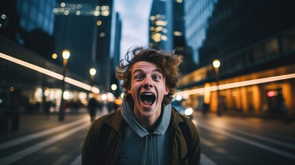 An excited man with his mouth open in the middle of a city street. Generative AI.