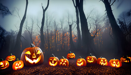 Capture the eerie and mysterious atmosphere of a Halloween night in a spooky forest with jack-o'-lanterns glowing, using a wide-angle lens during the misty twilight, evoking the haunting spirit of Al.