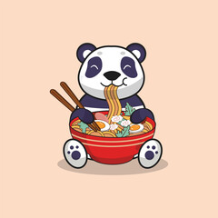 Cute Panda Eating Ramen Noodle Cartoon Vector cartoon Flat Illustration