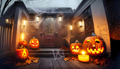 "Capture the eerie charm of a Halloween-decorated front porch with carved jack-o'-lanterns, flickering candles, and cobweb-covered doorways, shot using a wide-angle lens during the misty twilight, evo