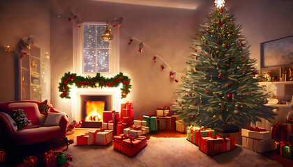 the cozy and festive ambiance of a beautifully decorated living room with a glowing Christmas tree, wrapped presents, and a warm fireplace, shot using a wide-angle lens during the peaceful evening, ev