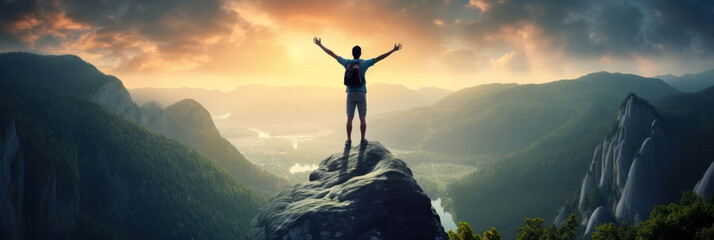 Winning and sport concept, Male Hiker celebrating success on top of a mountain  