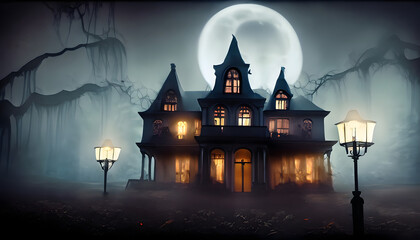 Capture the enchanting allure of a haunted mansion on a moonlit Halloween night, with ghostly apparitions appearing in the misty windows, shot using a vintage film camera with a 4:5 aspect ratio, conv