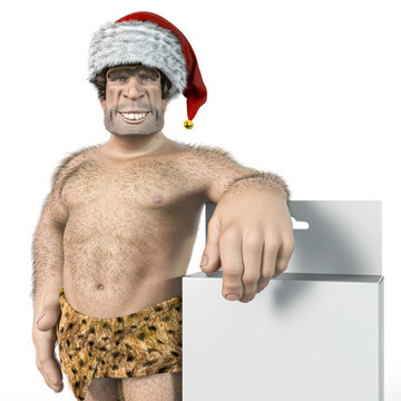 caveman cartoon is holding a display advert box on close up view