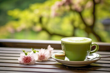 Fototapeta na wymiar Starting the day with a comforting cup of green matcha latte, a Japanese specialty