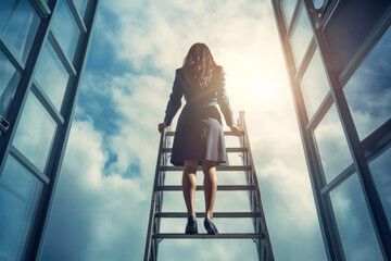A determined businesswoman ascending a metaphorical corporate ladder, symbolizing her ambition and success in her career. - obrazy, fototapety, plakaty