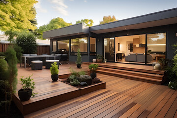 Fototapeta premium The renovation of a modern home extension in Melbourne includes the addition of a deck, patio, and courtyard area.