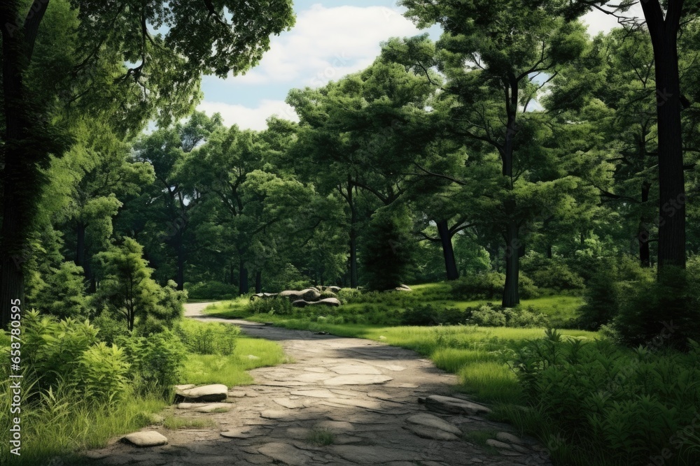 Poster A picture of a stone path winding through a vibrant and dense green forest. This image can be used to represent nature, tranquility, hiking, and outdoor adventures.
