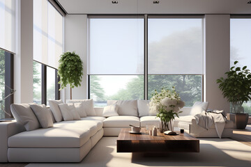 Interior roller blinds are installed in the living room, featuring white colored roller shades on the windows. Within the same room, there are also a houseplant and a sofa present. To add to the