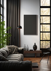 Modern dark home interior background, frame mock up, 3d render
