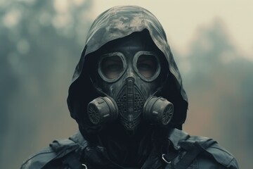 A man wearing a gas mask and a hood. This image can be used to depict themes of protection, anonymity, pollution, or dystopian future.