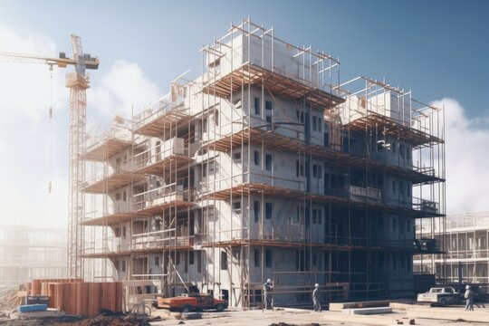 A picture of a building under construction with a crane in the background. This image can be used to represent construction, development, or urban growth.