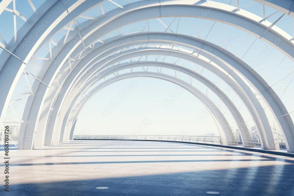 Poster a large white tunnel with a sky background. this image can be used to represent transportation, trav